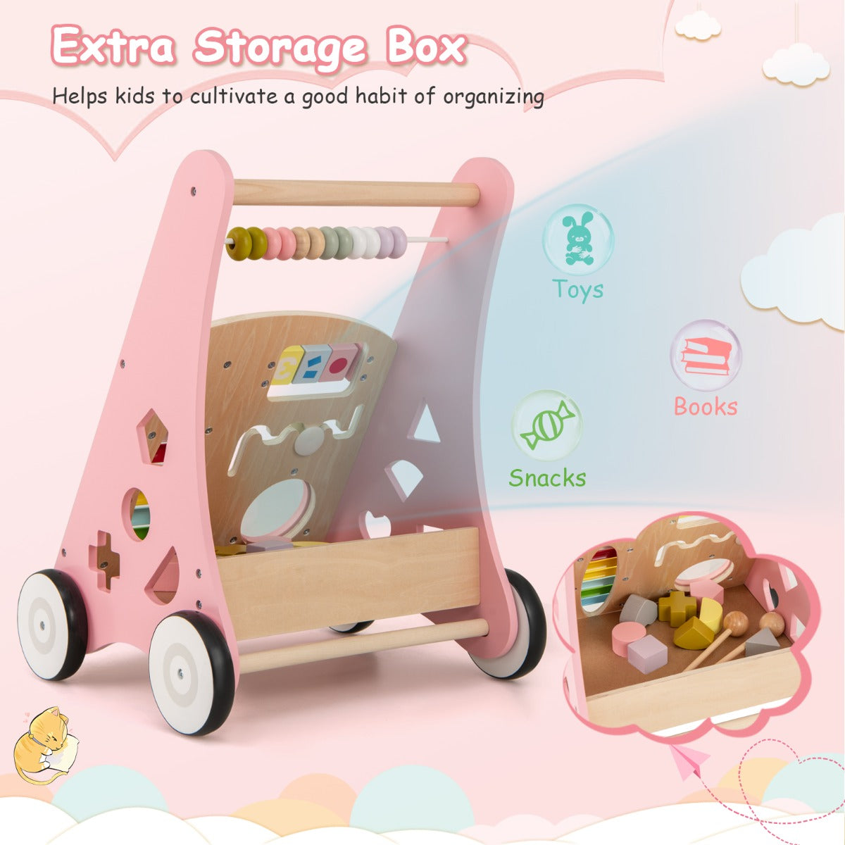 LIVSK Houten Baby Loopwagen - Met Speelactiviteiten en Opbergruimte - Ergonomisch Ontwerp - Voor 1+ Jaar - Roze