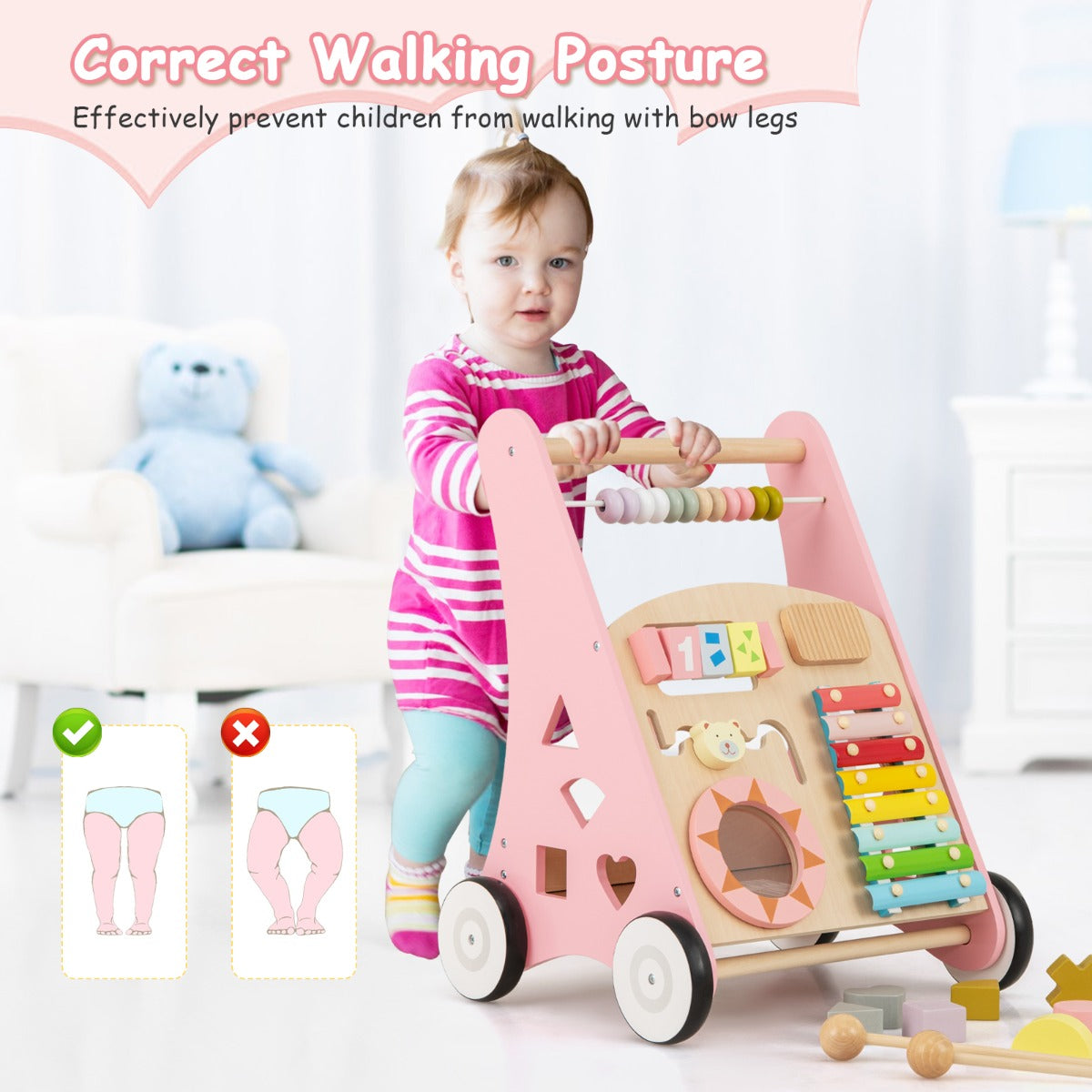 LIVSK Houten Baby Loopwagen - Met Speelactiviteiten en Opbergruimte - Ergonomisch Ontwerp - Voor 1+ Jaar - Roze