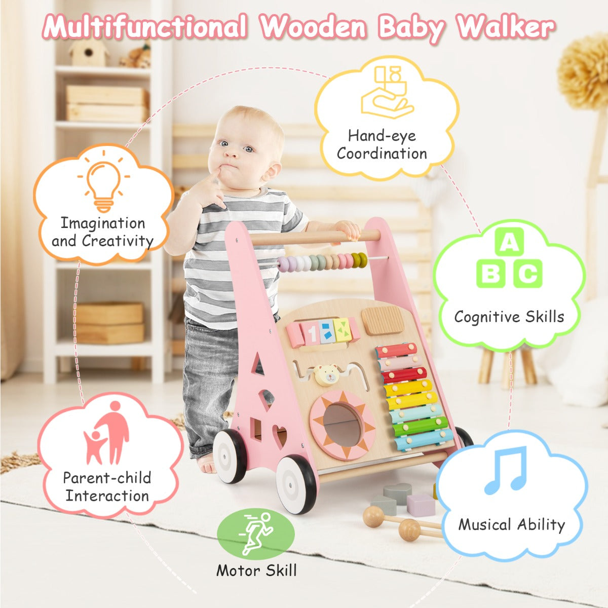 LIVSK Houten Baby Loopwagen - Met Speelactiviteiten en Opbergruimte - Ergonomisch Ontwerp - Voor 1+ Jaar - Roze
