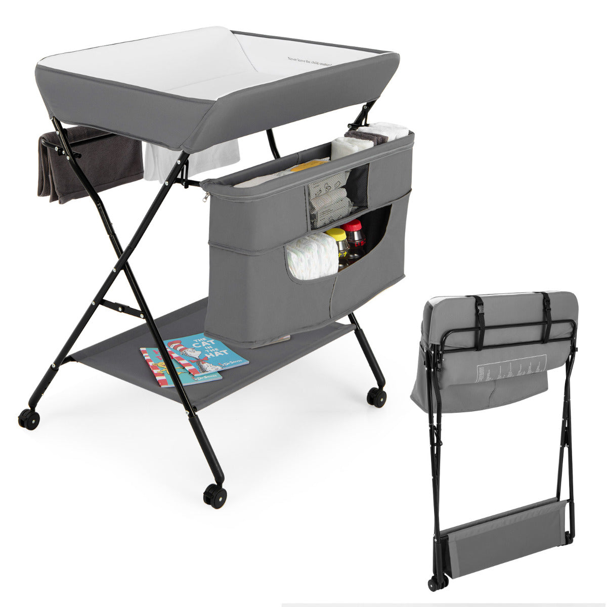 Livsk costway baby opklapbare luiertafel met wielen 4 in 1 pasgeboren babykamer organisator met 3 standen verstelbare hoogte grijs 1 1