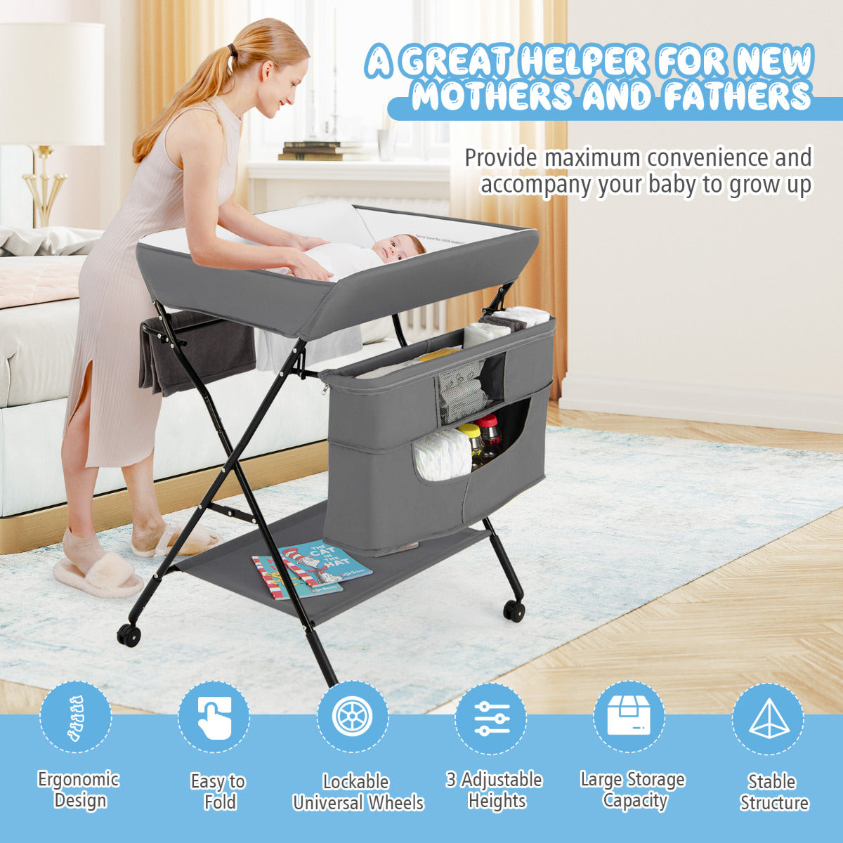 Livsk costway baby opklapbare luiertafel met wielen 4 in 1 pasgeboren babykamer organisator met 3 standen verstelbare hoogte grijs 3