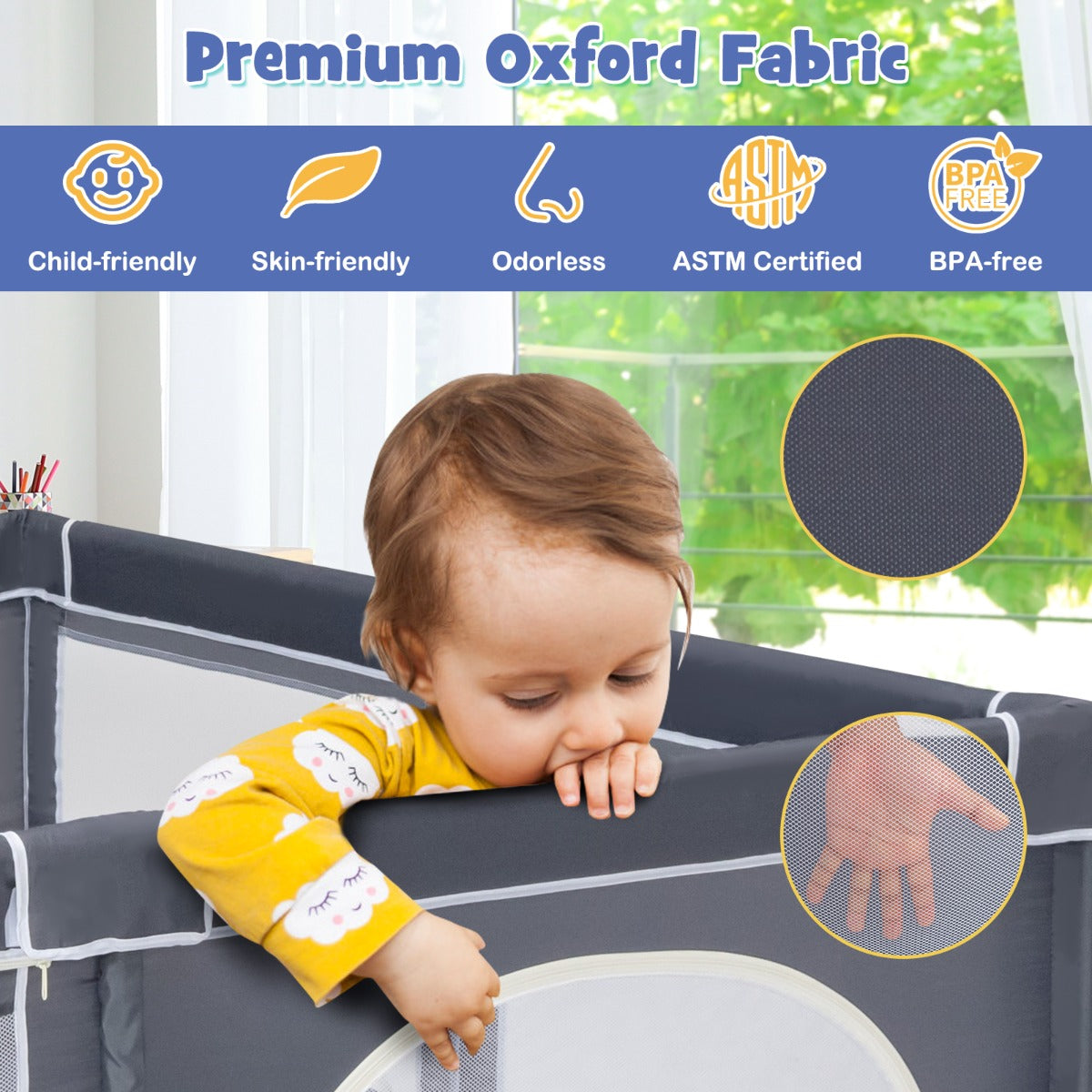 LIVSK Extra Grote Baby Speelbox - Ruime Speelruimte 206 x 185,5 x 68 cm - Anti-slip Basis - 360° Zichtbaarheid - Donkergrijs