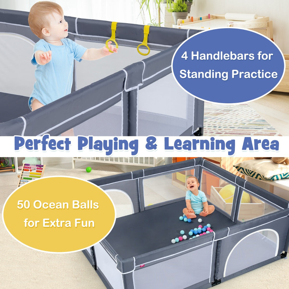 LIVSK Extra Grote Baby Speelbox - Ruime Speelruimte 206 x 185,5 x 68 cm - Anti-slip Basis - 360° Zichtbaarheid - Donkergrijs