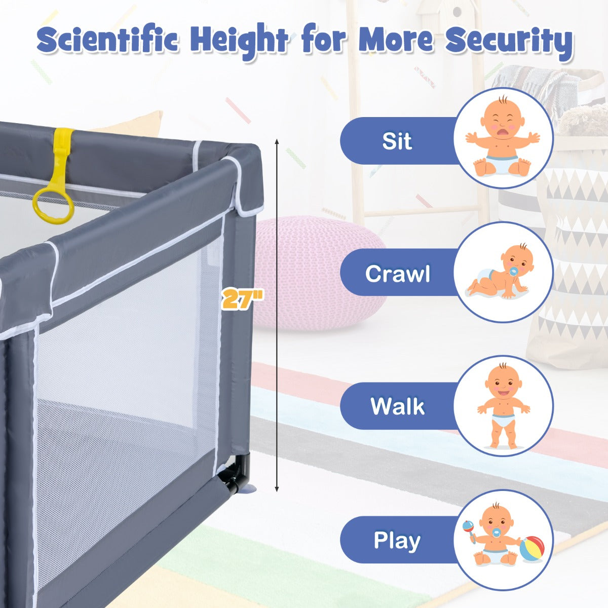 LIVSK Extra Grote Baby Speelbox - Ruime Speelruimte 206 x 185,5 x 68 cm - Anti-slip Basis - 360° Zichtbaarheid - Donkergrijs