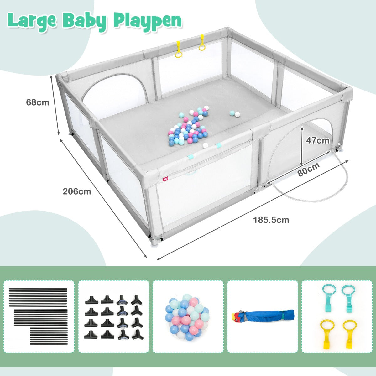 LIVSK Grote Draagbare Baby Speelbox - 206 x 185,5 x 68 cm - 50 Kleurrijke Ballen - Antislip Zuignappen - 360° Zicht - Grijs