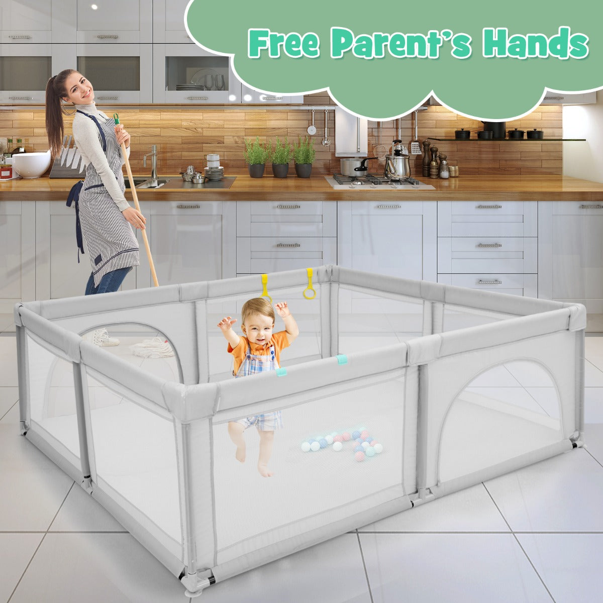 LIVSK Grote Draagbare Baby Speelbox - 206 x 185,5 x 68 cm - 50 Kleurrijke Ballen - Antislip Zuignappen - 360° Zicht - Grijs