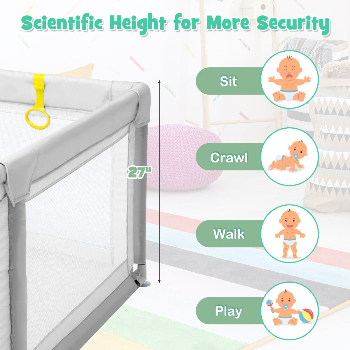 LIVSK Grote Draagbare Baby Speelbox - 206 x 185,5 x 68 cm - 50 Kleurrijke Ballen - Antislip Zuignappen - 360° Zicht - Grijs