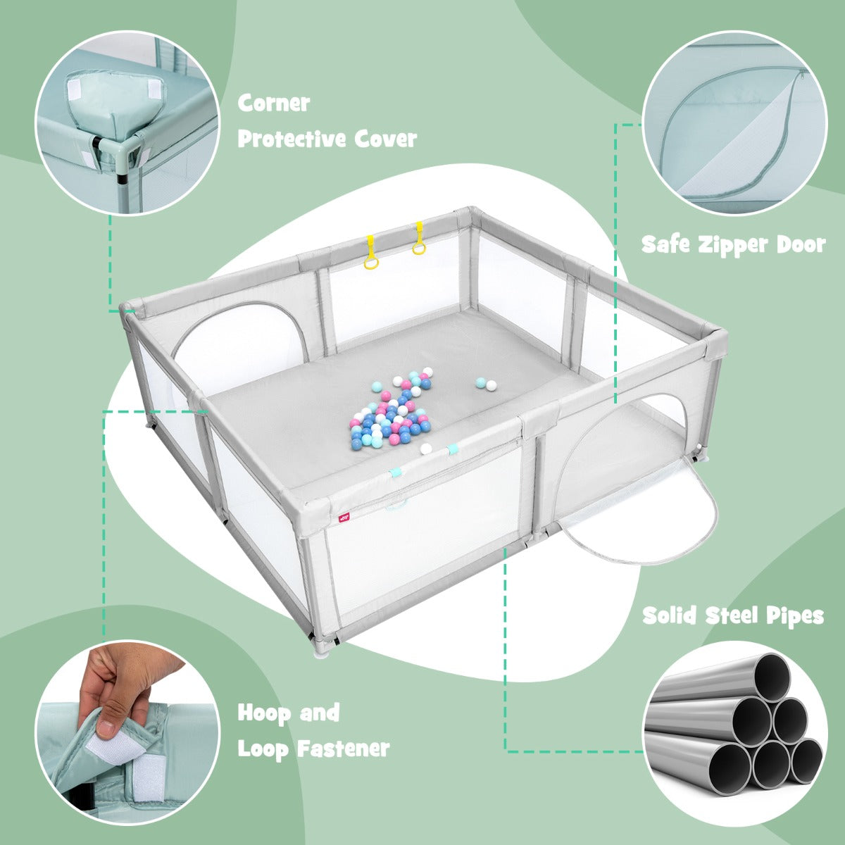 Livsk costway baby speelbox grote babybox draagbare box met opvouwbaar babymat grondbox 206 x 1855 x 68 cm grijs panda speelmat 6