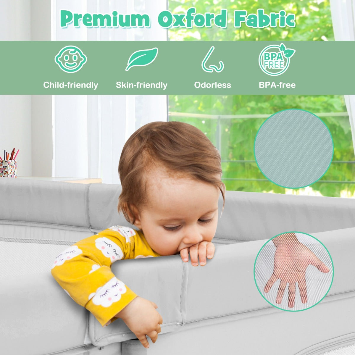 Livsk costway baby speelbox grote babybox draagbare box met opvouwbaar babymat grondbox 206 x 1855 x 68 cm grijs speelmat groen 6