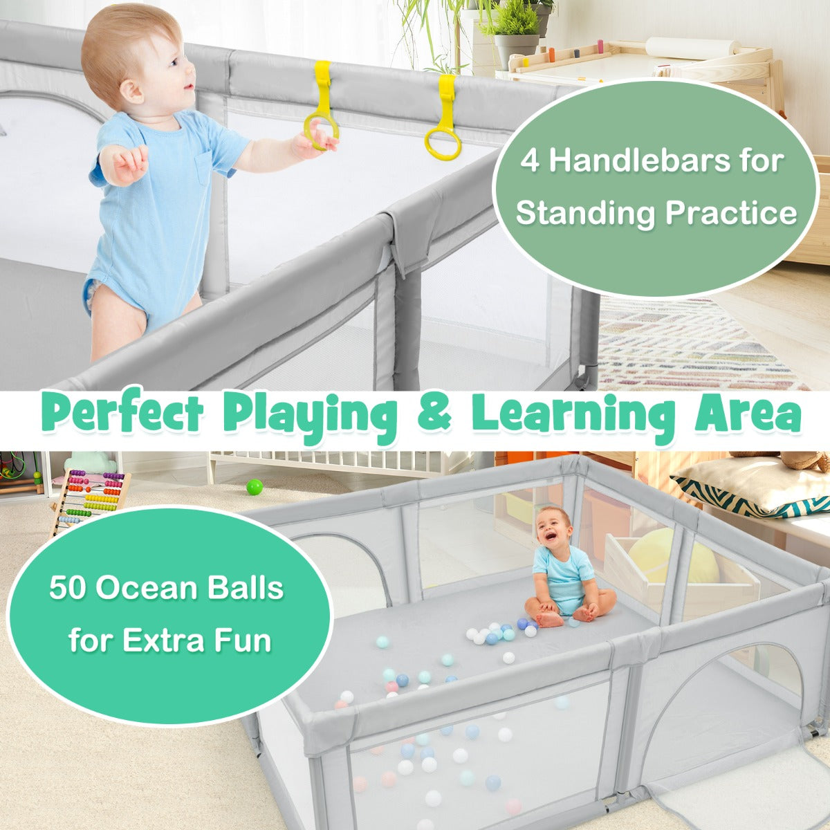 Livsk costway baby speelbox grote babybox draagbare box met opvouwbaar babymat grondbox 206 x 1855 x 68 cm grijs speelmat roze 5