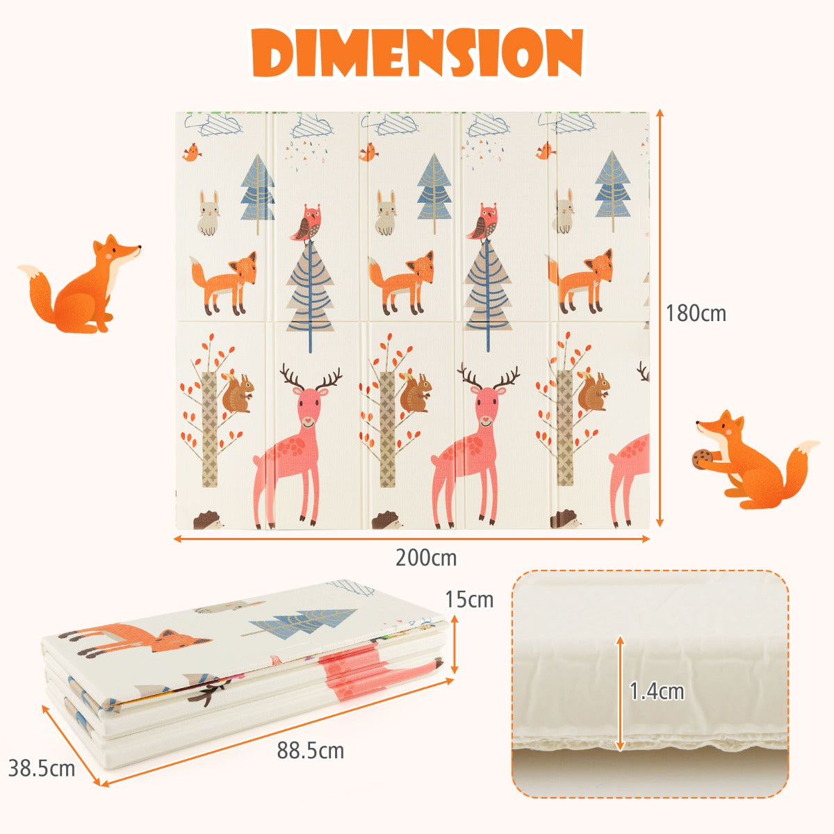 LIVSK Opvouwbare Babymat - Extra Groot 200 x 180 cm - Omkeerbaar met Dierenmotieven - Waterdicht - Draagtas - Meerkleurig