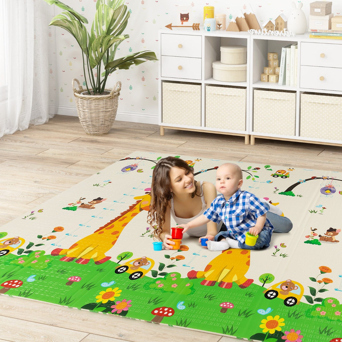 LIVSK Opvouwbare Baby Speelmat - Omkeerbaar Giraffen & Herten - Waterdicht - Antislip - 200 x 180 cm - Meerkleurig