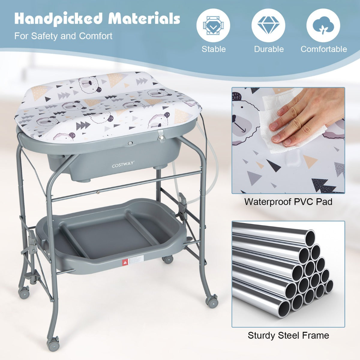 LIVSK 4-in-1 Baby Verschoontafel met Badje - Ergonomisch - Opvouwbaar - Opbergvakken - Waterafvoersysteem - Grijs