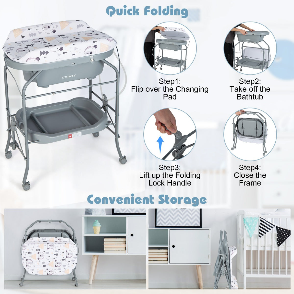 LIVSK 4-in-1 Baby Verschoontafel met Badje - Ergonomisch - Opvouwbaar - Opbergvakken - Waterafvoersysteem - Grijs