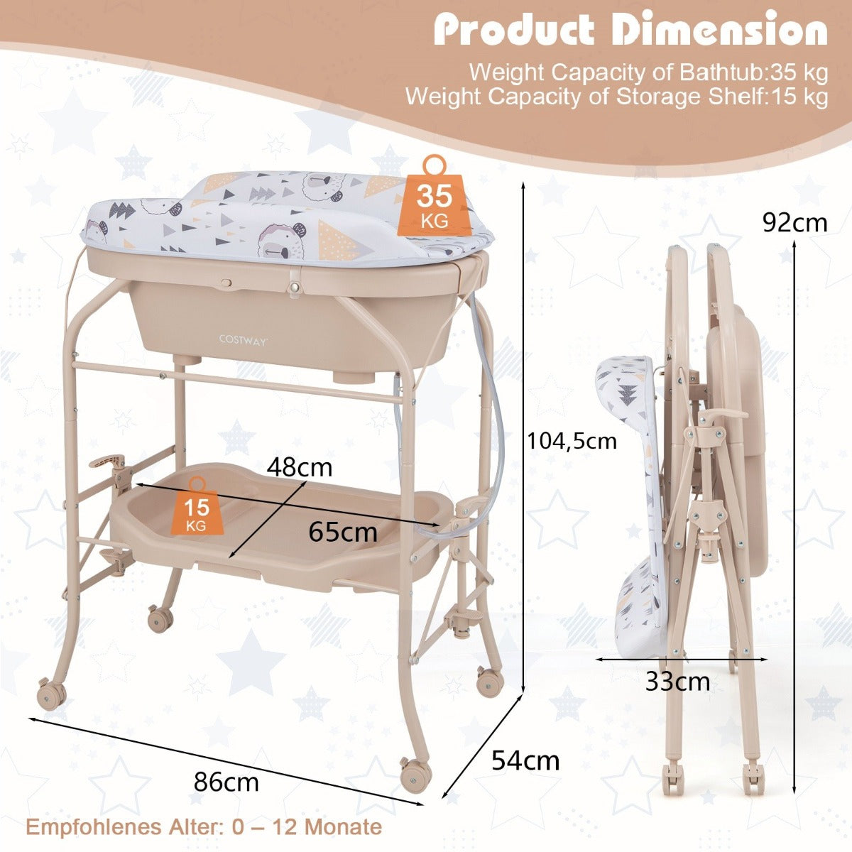 LIVSK 4-in-1 Baby Verschoontafel met Badkuip - Rugontlastend - Opvouwbaar en Beweegbaar - Met Opbergvakken - Beige