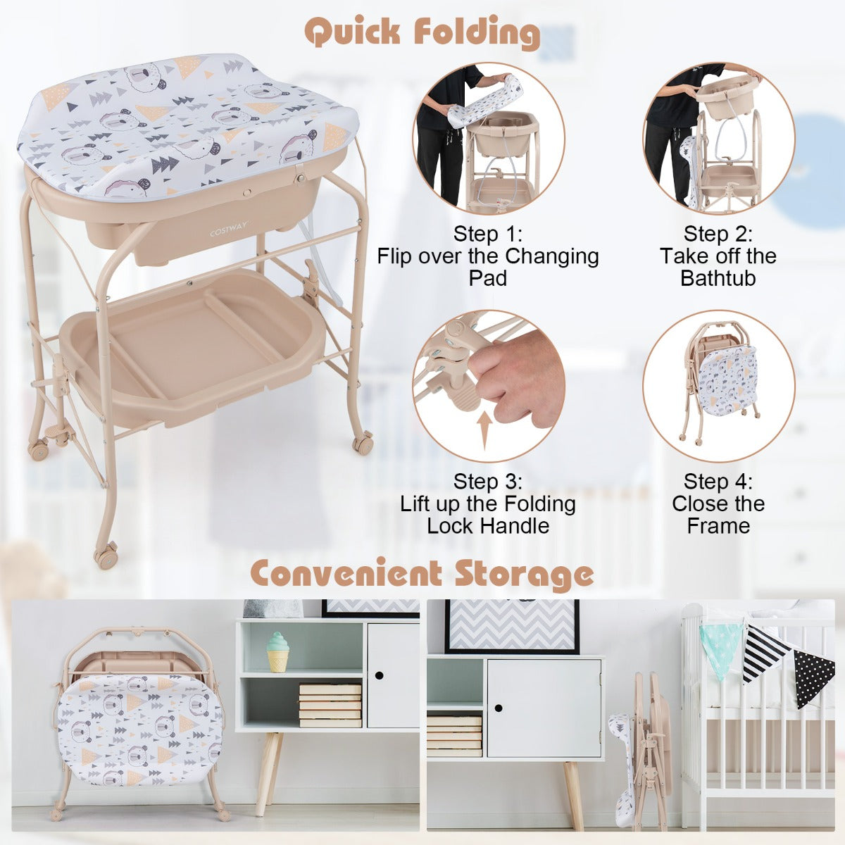 LIVSK 4-in-1 Baby Verschoontafel met Badkuip - Rugontlastend - Opvouwbaar en Beweegbaar - Met Opbergvakken - Beige