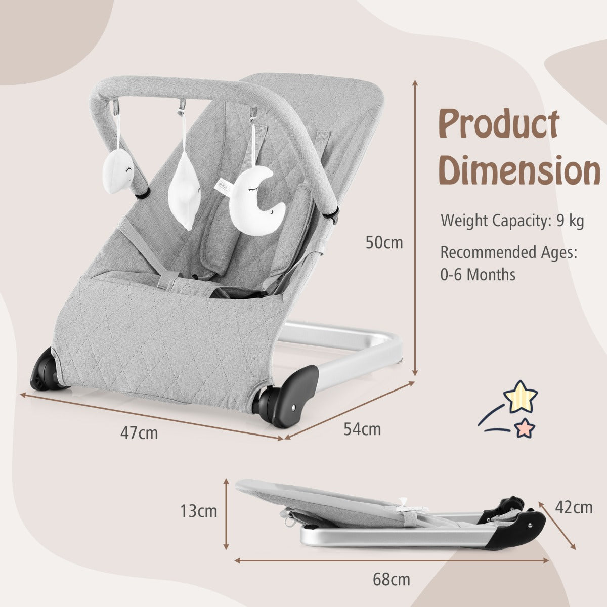 LIVSK draagbare wipstoel - Natuurlijk schommelen - Ergonomisch ontwerp - Opvouwbaar - 5-puntsharnas - Tot 9 kg - Grijs