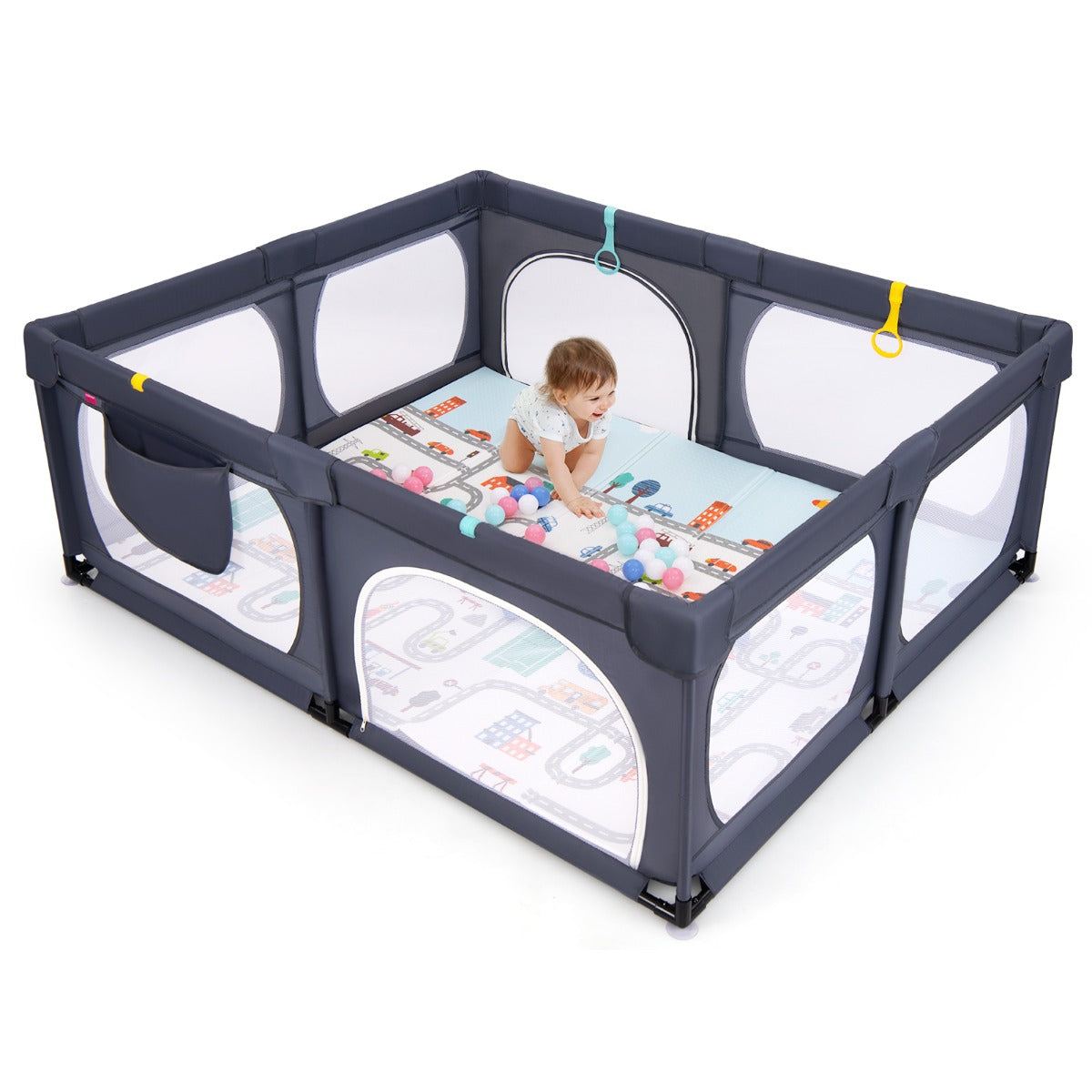 LIVSK Speelbox voor Kinderen 0-3 Jaar - 4 Trekringen - 50 Oceaanballen - Ritsdeur - Antislip Mat - 189 x 158 x 68 cm - Donkergrijs