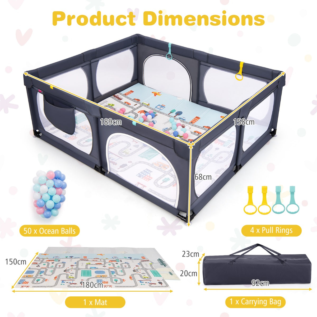 LIVSK Speelbox voor Kinderen 0-3 Jaar - 4 Trekringen - 50 Oceaanballen - Ritsdeur - Antislip Mat - 189 x 158 x 68 cm - Donkergrijs