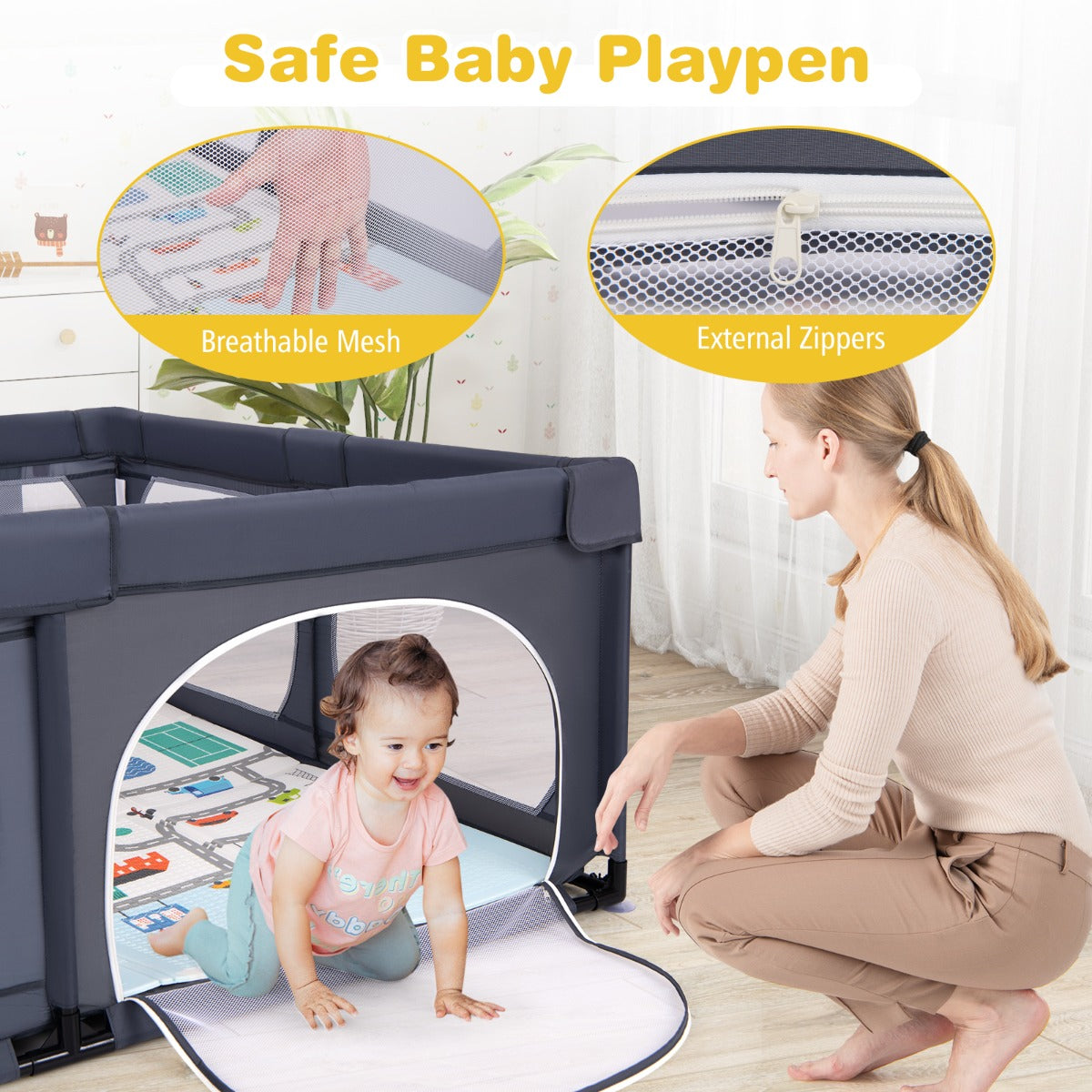 LIVSK Speelbox voor Kinderen 0-3 Jaar - 4 Trekringen - 50 Oceaanballen - Ritsdeur - Antislip Mat - 189 x 158 x 68 cm - Donkergrijs