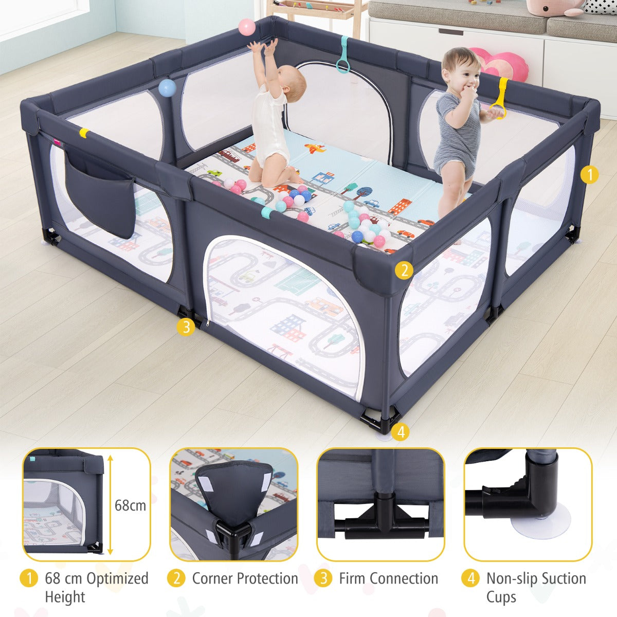 LIVSK Speelbox voor Kinderen 0-3 Jaar - 4 Trekringen - 50 Oceaanballen - Ritsdeur - Antislip Mat - 189 x 158 x 68 cm - Donkergrijs