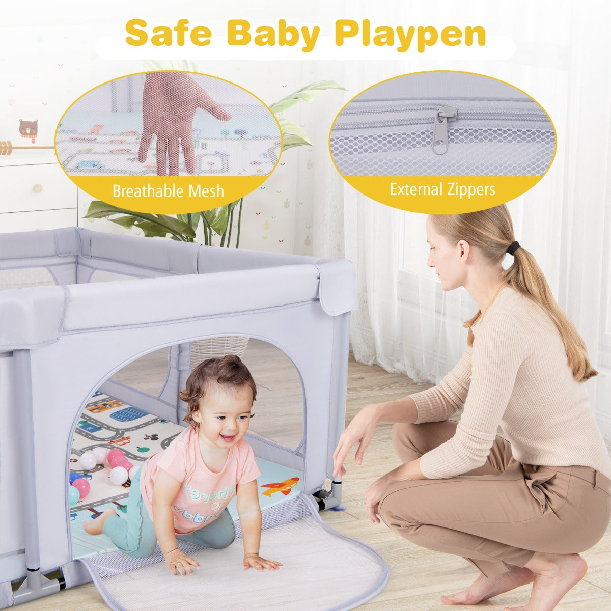 LIVSK Grondbox voor Kinderen - Inclusief 50 Oceaanballen en 4 Trekringen - Opvouwbare Antislipmat - Lichtgrijs