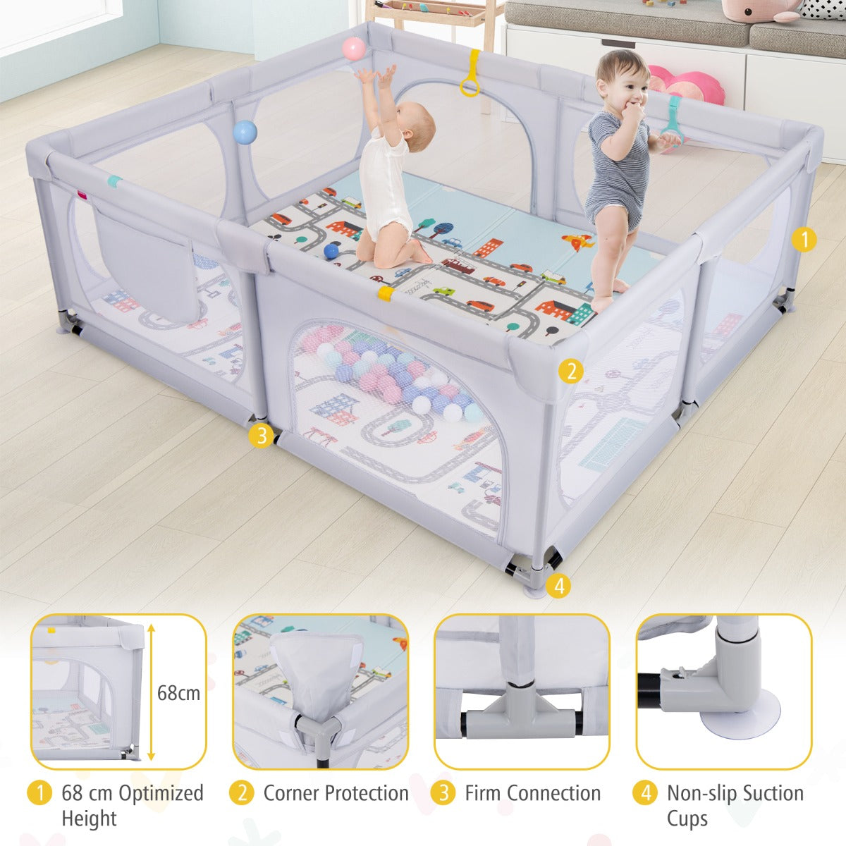 LIVSK Grondbox voor Kinderen - Inclusief 50 Oceaanballen en 4 Trekringen - Opvouwbare Antislipmat - Lichtgrijs