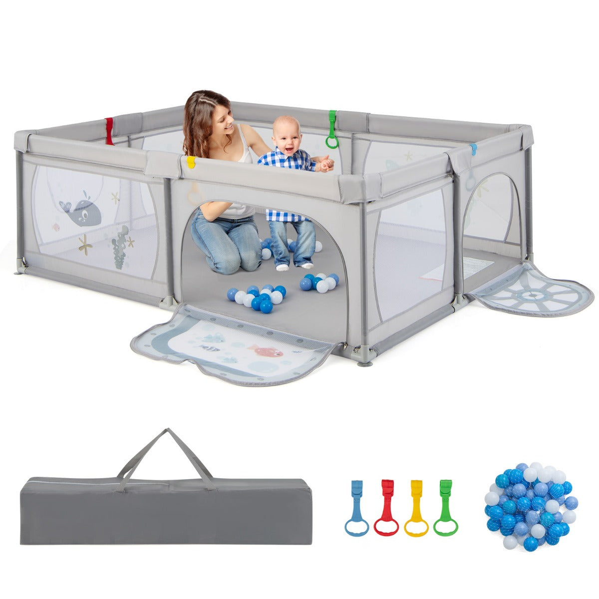 LIVSK Opvouwbare Speelbox - Ademend Net met Ritssluiting - Extra Groot 206 x 147 x 68,5 cm - Inclusief 50 Kleurrijke Ballen -