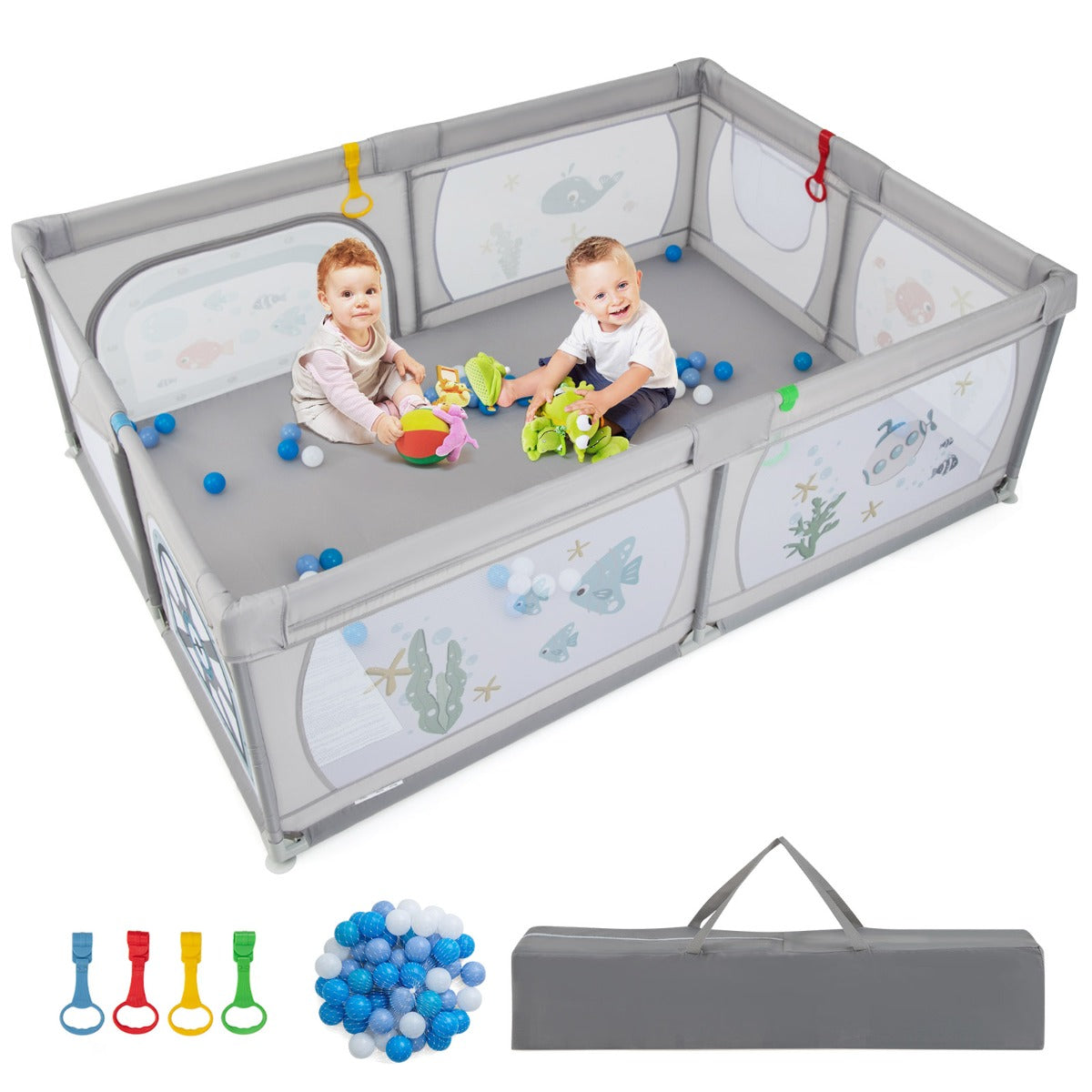 LIVSK Opvouwbare Speelbox - Ademend Net met Ritssluiting - Extra Groot 206 x 147 x 68,5 cm - Inclusief 50 Kleurrijke Ballen -