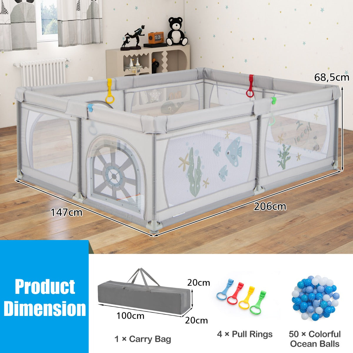 LIVSK Opvouwbare Speelbox - Ademend Net met Ritssluiting - Extra Groot 206 x 147 x 68,5 cm - Inclusief 50 Kleurrijke Ballen -
