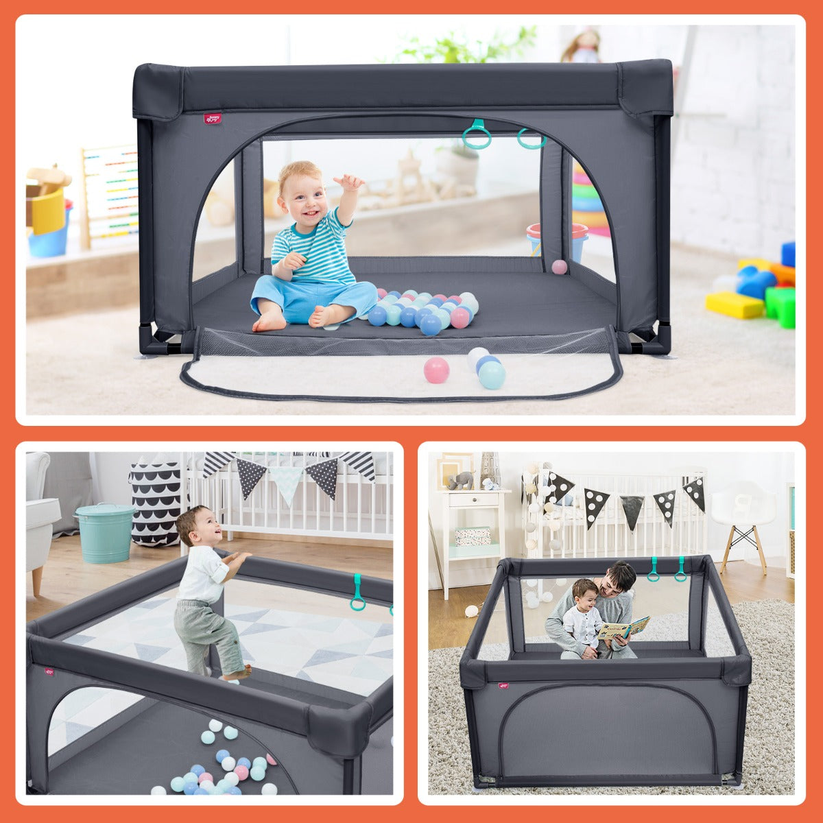 LIVSK Opvouwbare Speelbox - Duurzaam Staal - Ademend Gaas - 50 Kleurrijke Ballen - Tot 3 Jaar - 126 x 126 x 68 cm - Donkergrijs