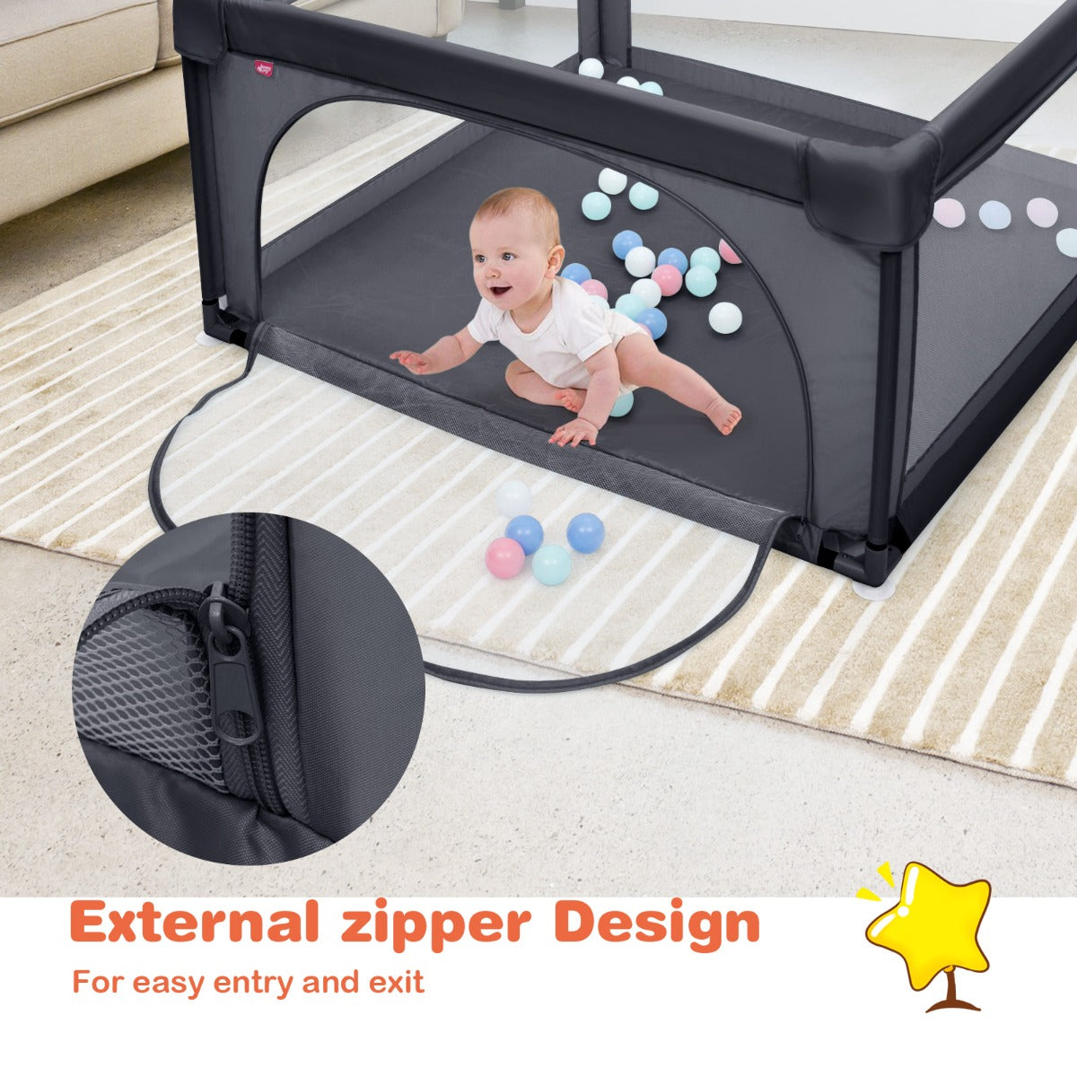 LIVSK Opvouwbare Speelbox - Duurzaam Staal - Ademend Gaas - 50 Kleurrijke Ballen - Tot 3 Jaar - 126 x 126 x 68 cm - Donkergrijs