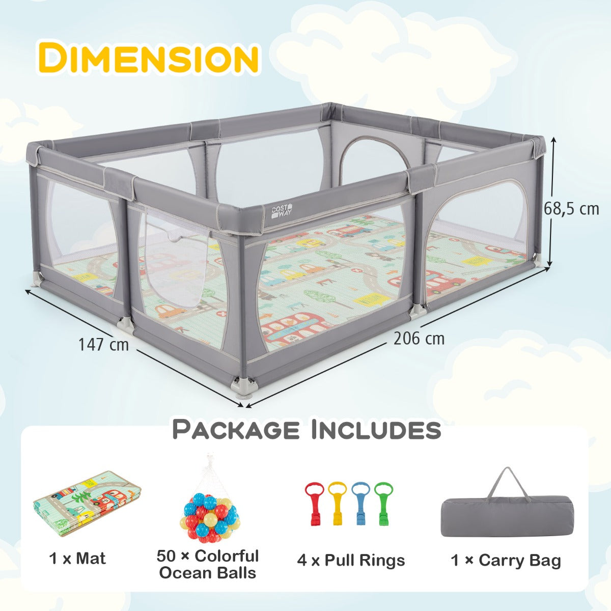 LIVSK Grondbox voor Baby's - Veilig en Ruim Speelgebied - Inclusief 50 Kleurrijke Ballen - Ademend Net - 206 x 147 x 68,5 cm -