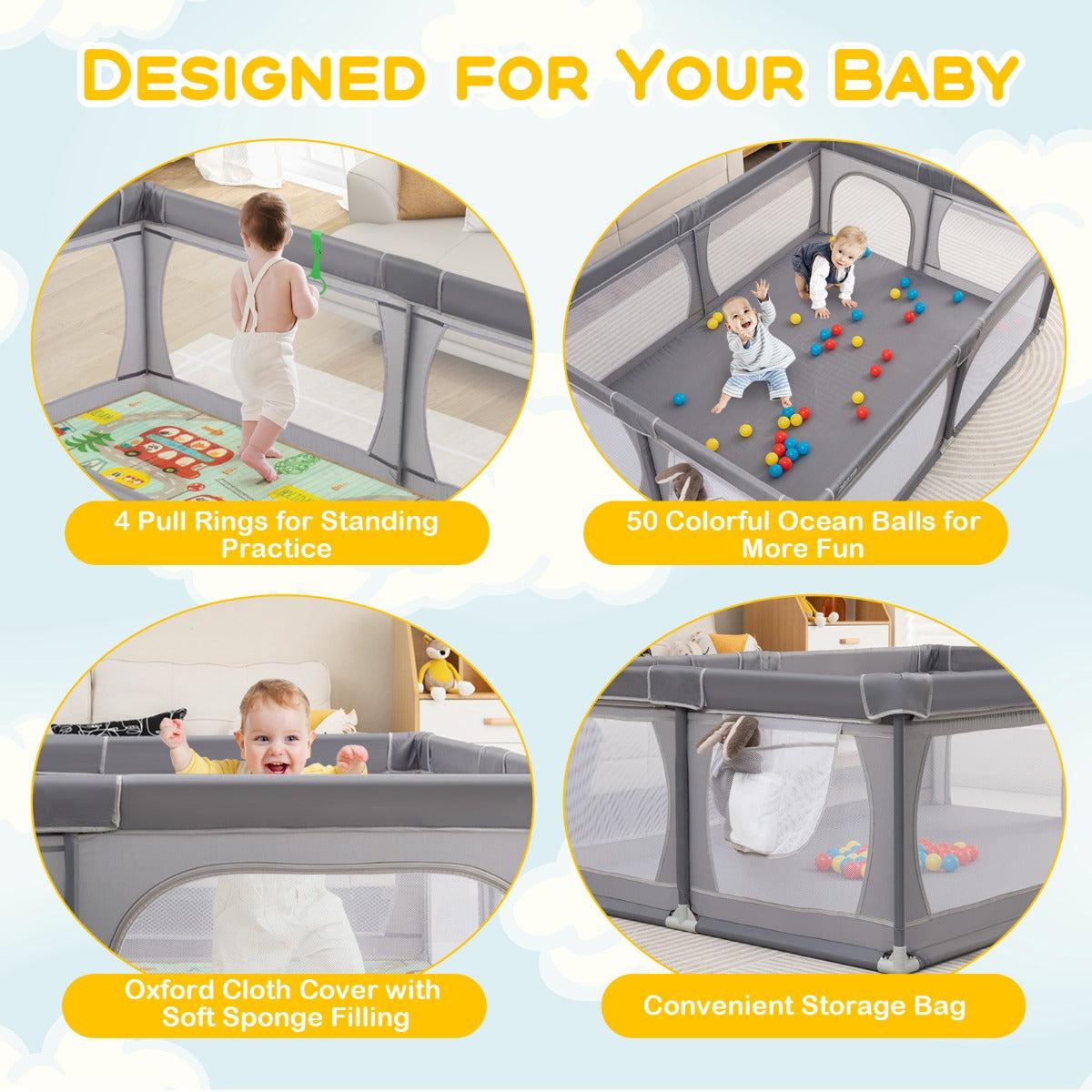 LIVSK Grondbox voor Baby's - Veilig en Ruim Speelgebied - Inclusief 50 Kleurrijke Ballen - Ademend Net - 206 x 147 x 68,5 cm -