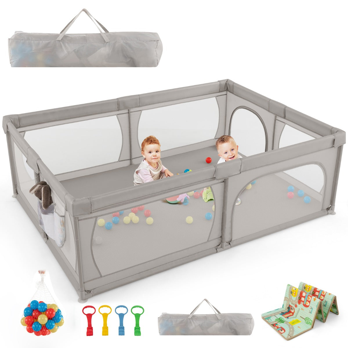 LIVSK Speelbox - Ritssluiting en Ademend Net - Inclusief 50 Kleurrijke Ballen - Veilig en Ruim - 206 x 147 x 68,5 cm - Grijs