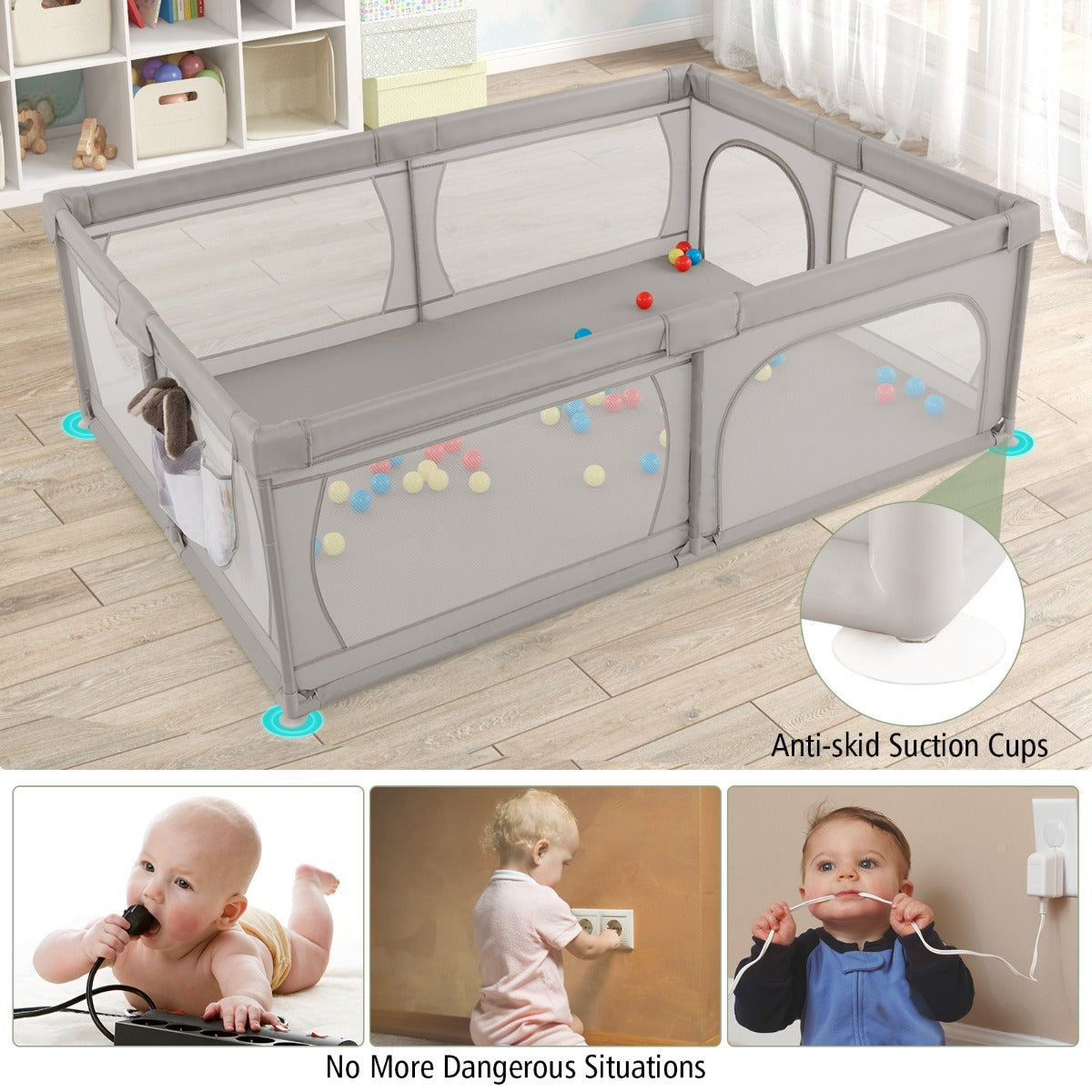 LIVSK Speelbox - Ritssluiting en Ademend Net - Inclusief 50 Kleurrijke Ballen - Veilig en Ruim - 206 x 147 x 68,5 cm - Grijs