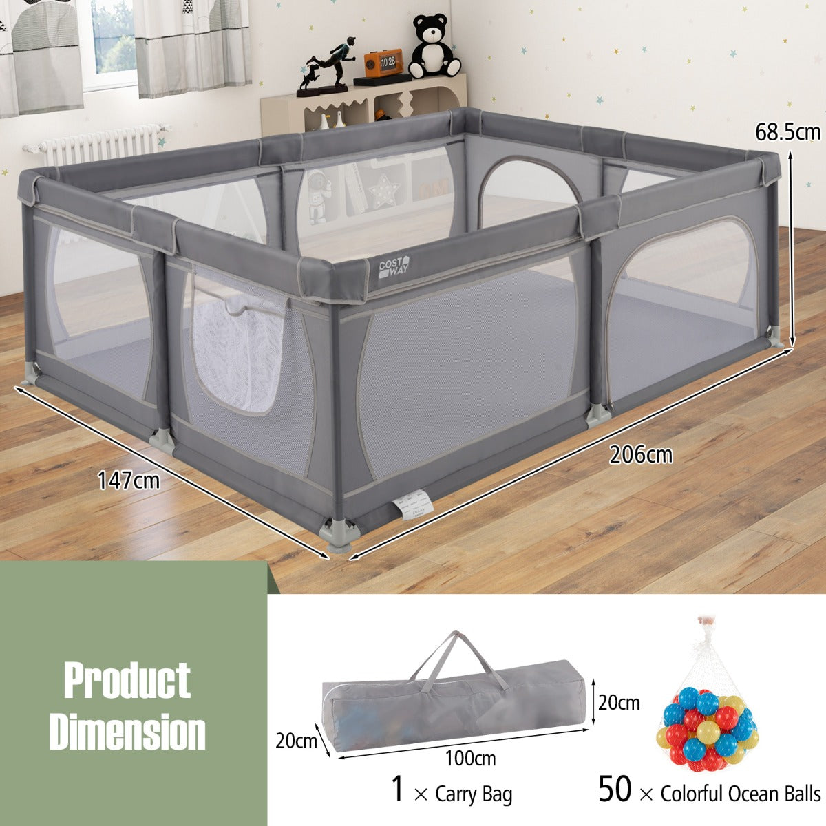 LIVSK Vloerstaande Babybox - Ruime Speelruimte voor Meerdere Baby's - Transparant Mesh - Stevig Metalen Frame - Inclusief 50