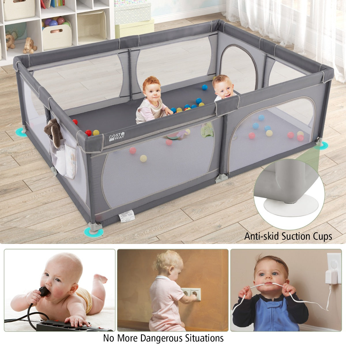 LIVSK Vloerstaande Babybox - Ruime Speelruimte voor Meerdere Baby's - Transparant Mesh - Stevig Metalen Frame - Inclusief 50