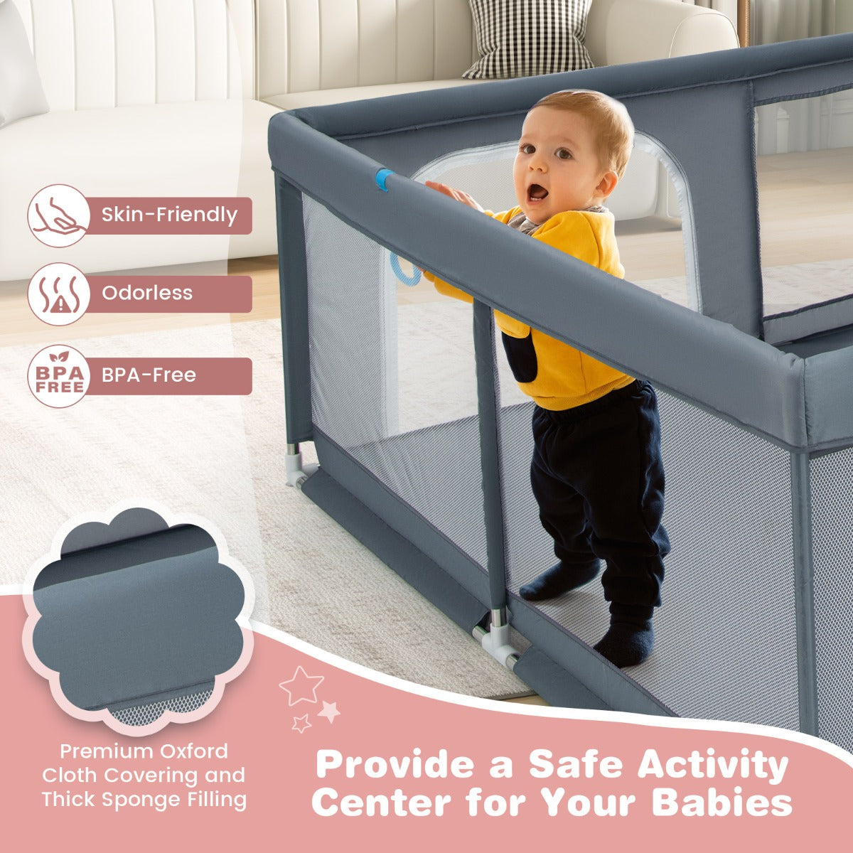 LIVSK Extra Grote Babybox - 200 x 180 x 68 cm - 50 Oceaanballen - Ademend Mesh - 4 Handgrepen - 2 Deuren - Grijs