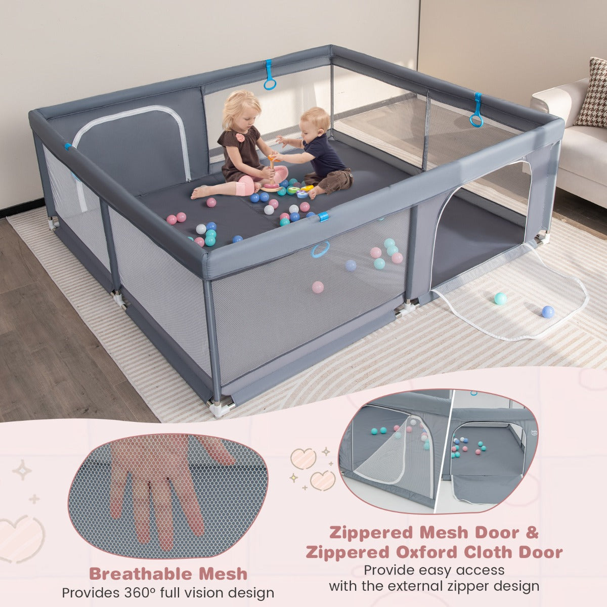 LIVSK Extra Grote Babybox - 200 x 180 x 68 cm - 50 Oceaanballen - Ademend Mesh - 4 Handgrepen - 2 Deuren - Grijs