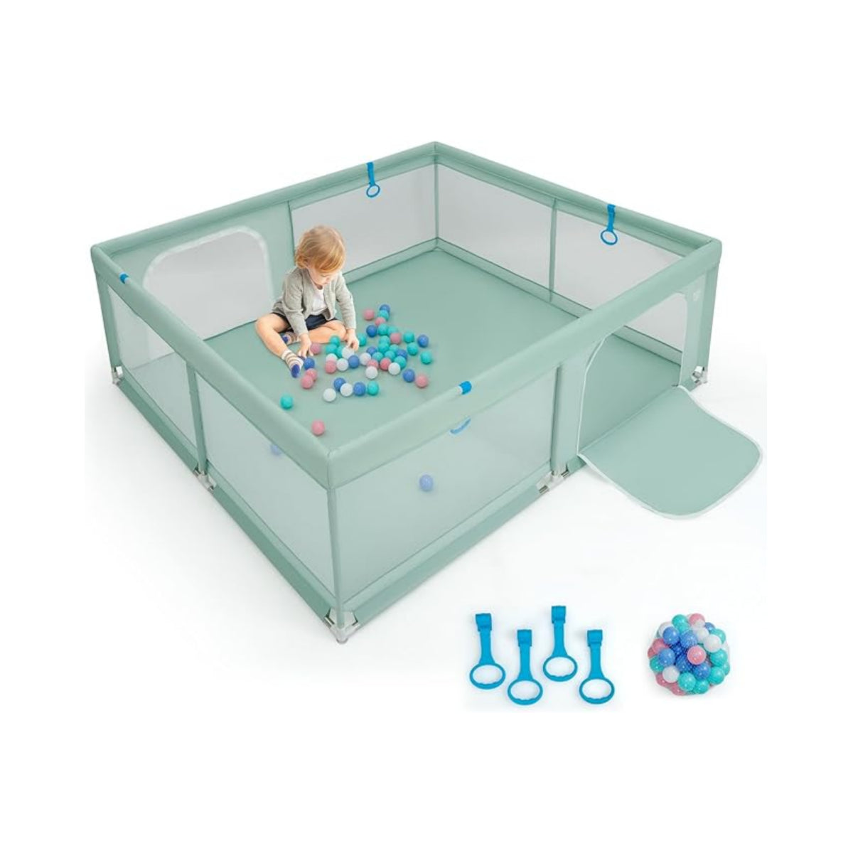 LIVSK Extra Grote Babybox met 50 Oceaanballen - Ademend Mesh - 4 Handgrepen - Veilig en Ruim - 200 x 180 x 68 cm - Groen