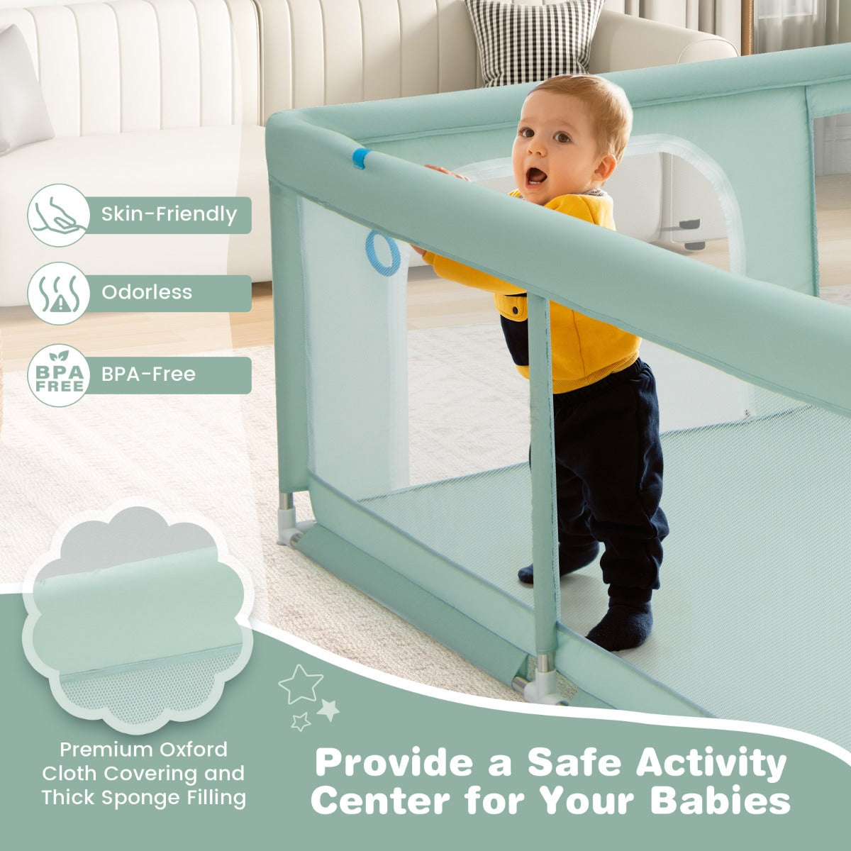 LIVSK Extra Grote Babybox met 50 Oceaanballen - Ademend Mesh - 4 Handgrepen - Veilig en Ruim - 200 x 180 x 68 cm - Groen