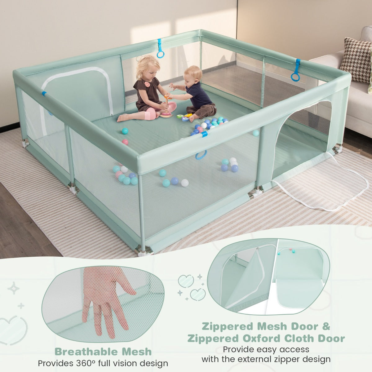 LIVSK Extra Grote Babybox met 50 Oceaanballen - Ademend Mesh - 4 Handgrepen - Veilig en Ruim - 200 x 180 x 68 cm - Groen