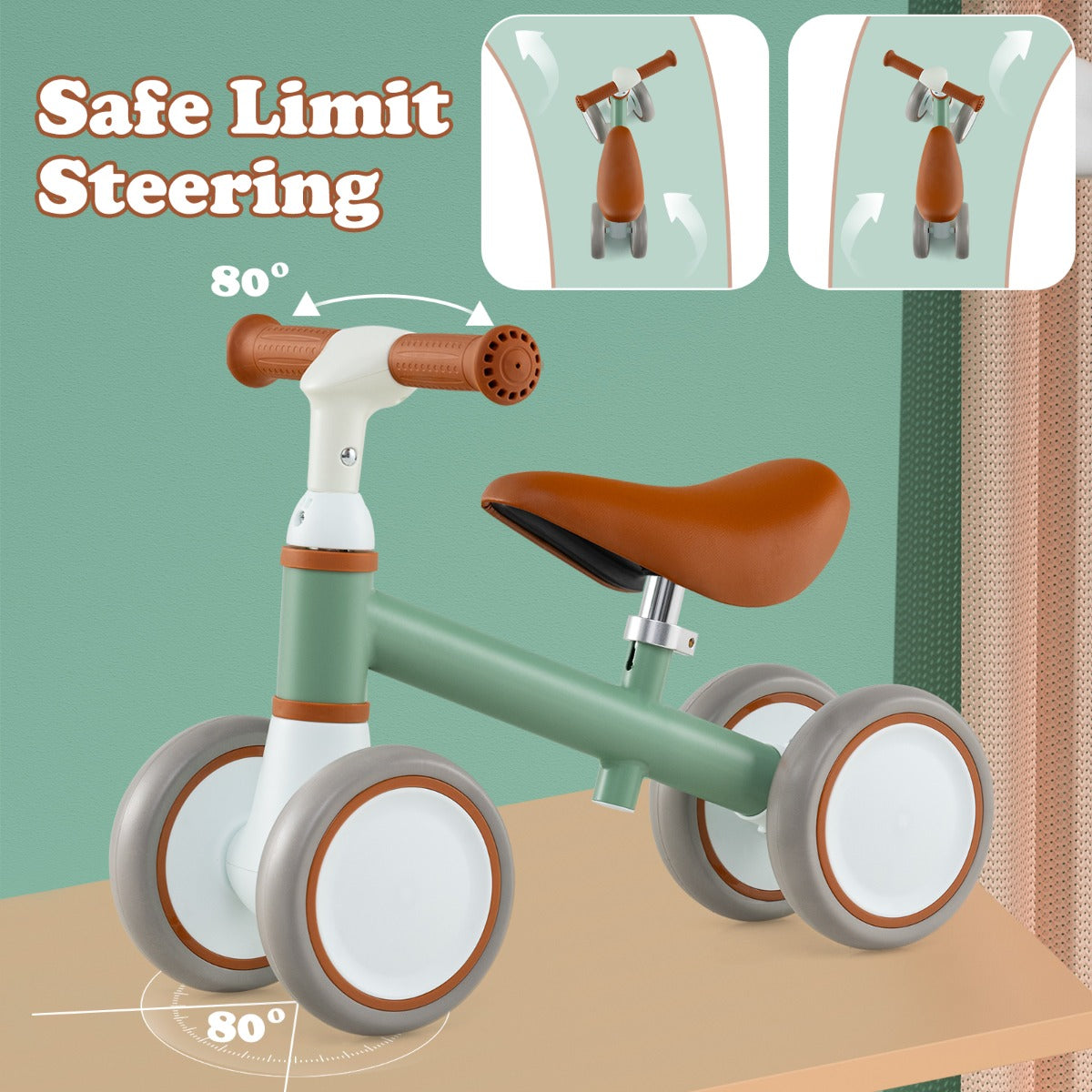 LIVSK Babyloopfiets Peuterloopfiets - In hoogte verstelbaar Stuur en Zadel - 4-wiel Stabiliteit - Antislip Handgrepen - Groen