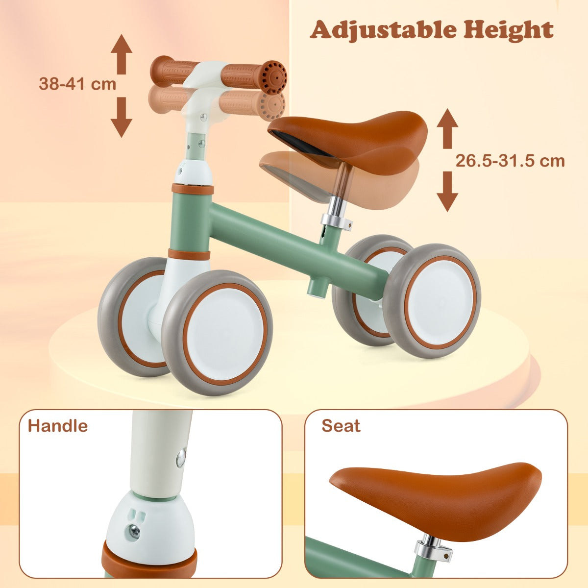 LIVSK Babyloopfiets Peuterloopfiets - In hoogte verstelbaar Stuur en Zadel - 4-wiel Stabiliteit - Antislip Handgrepen - Groen