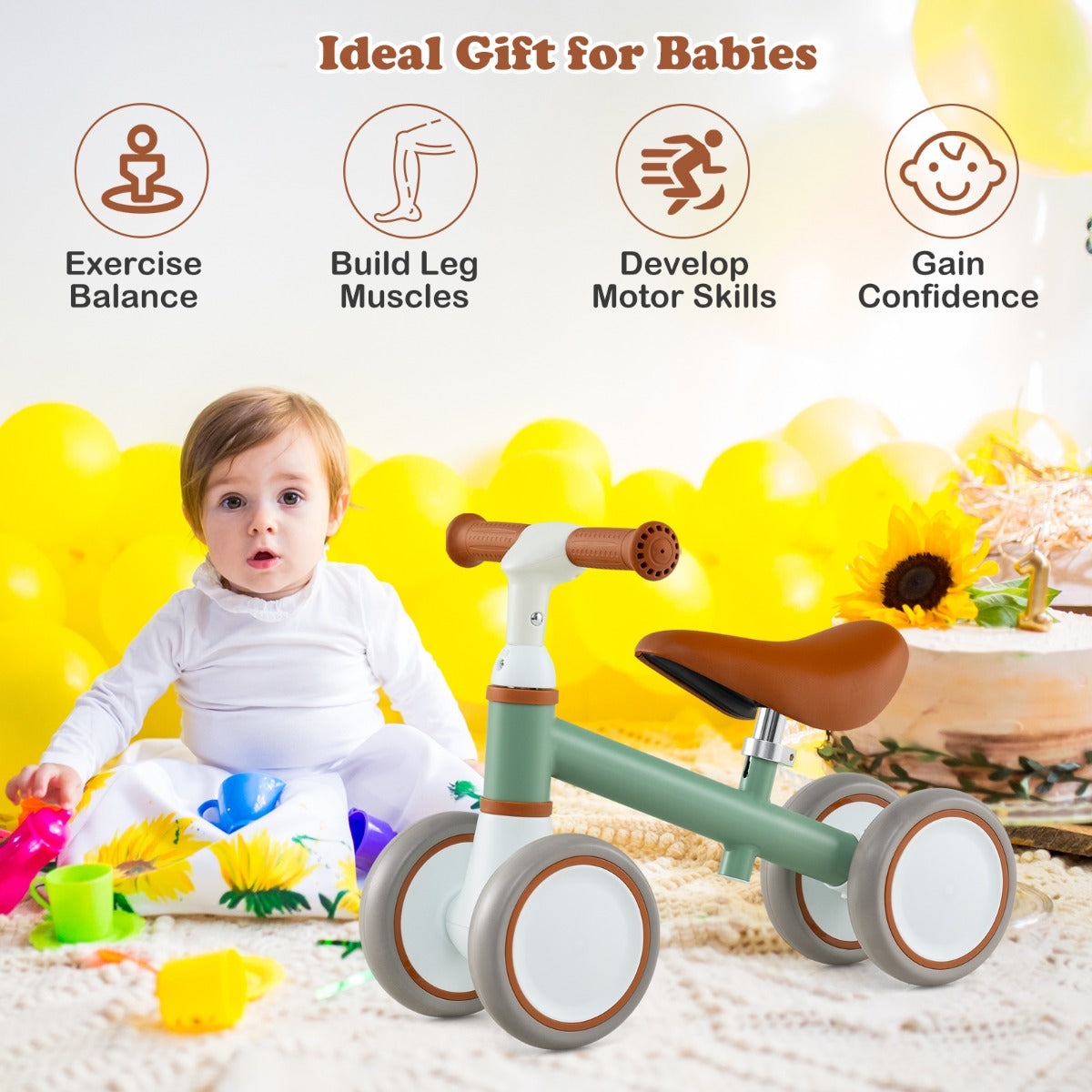 LIVSK Babyloopfiets Peuterloopfiets - In hoogte verstelbaar Stuur en Zadel - 4-wiel Stabiliteit - Antislip Handgrepen - Groen