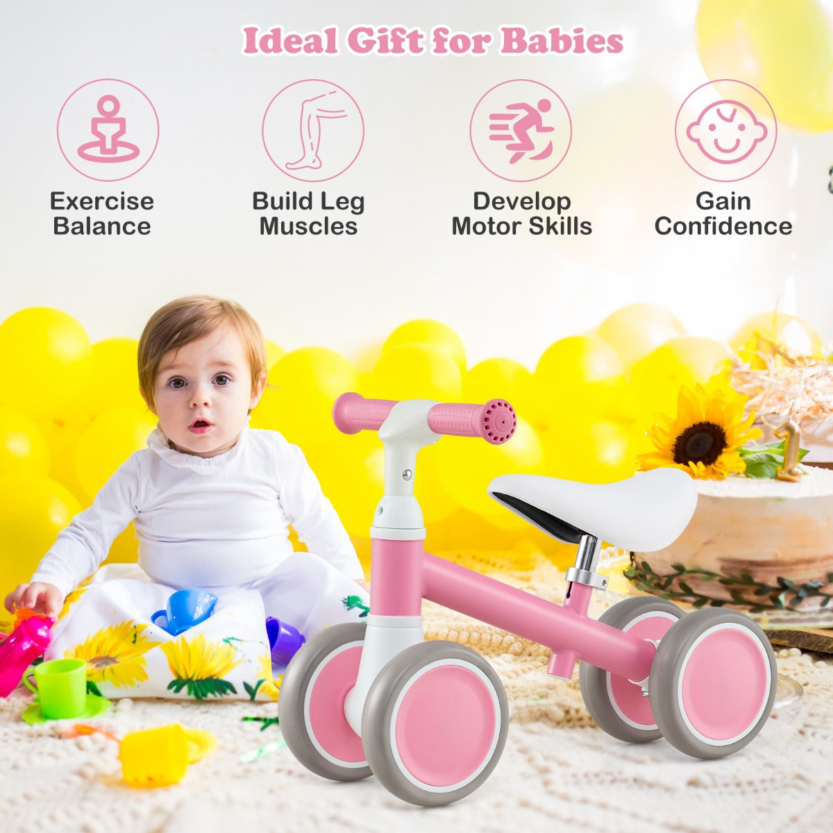 LIVSK Babyloopfiets - Verstelbaar Stuur & Zadel - 4-Wiel Stabiliteit - Antislip Handgrepen - Voor 1-3 Jaar - Groen/Roze