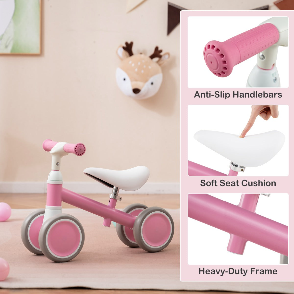 LIVSK Babyloopfiets - Verstelbaar Stuur & Zadel - 4-Wiel Stabiliteit - Antislip Handgrepen - Voor 1-3 Jaar - Groen/Roze
