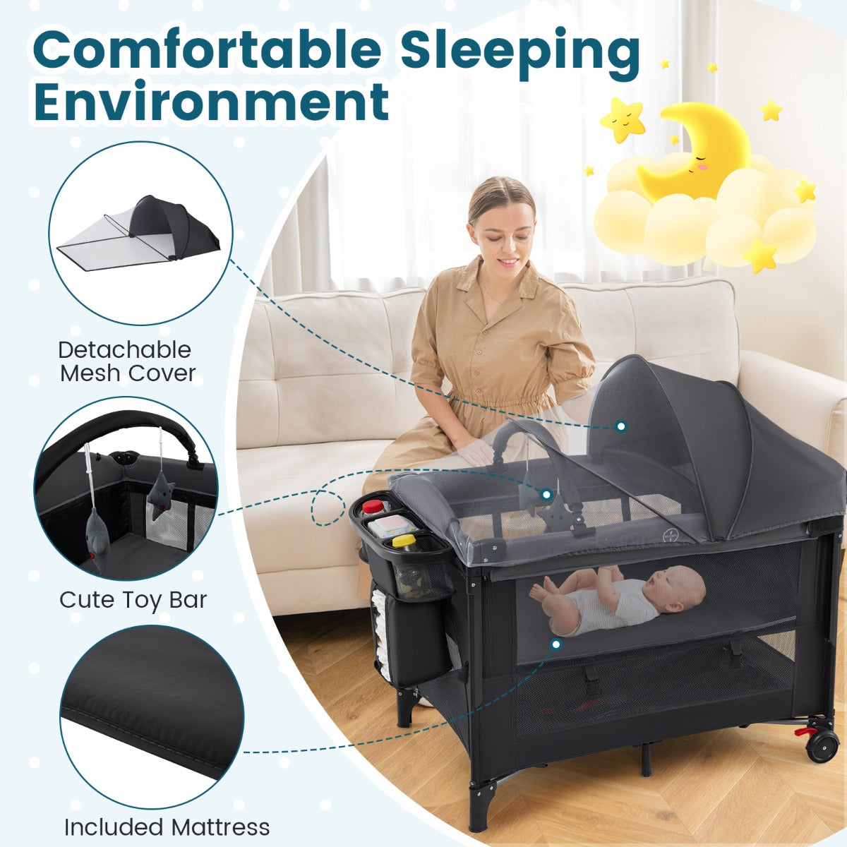 LIVSK 5-in-1 Reisbed voor Baby's - Wieg, Commode, Box en Activiteitencentrum - Inclusief Speelgoedboog - Veilig en Comfortabel -