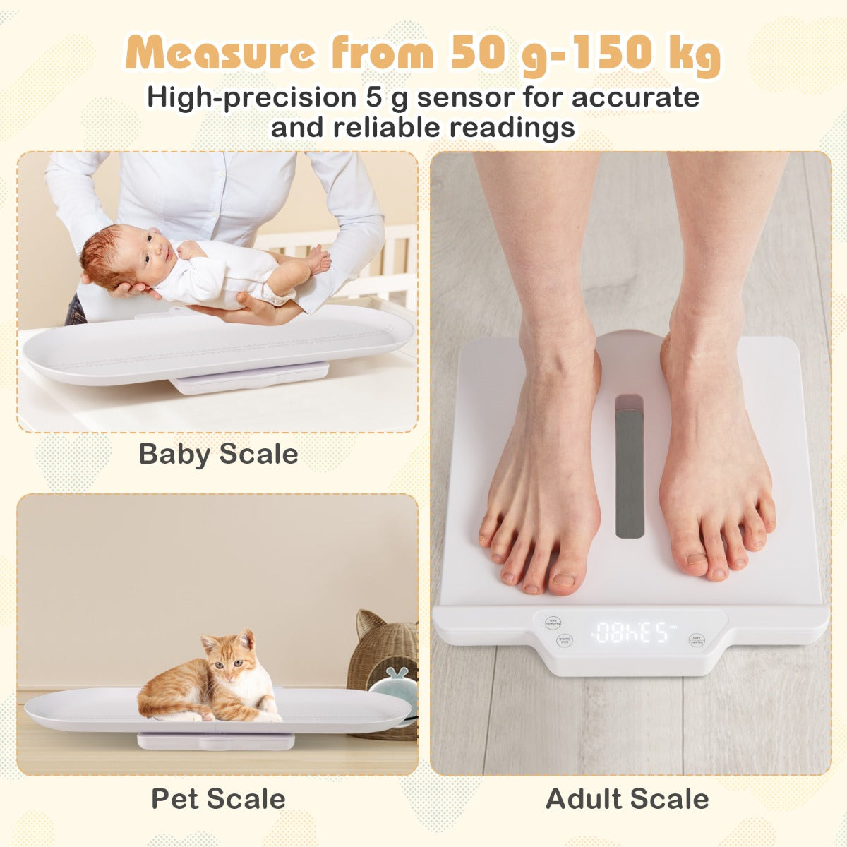 LIVSK Babyweegschaal - Digitaal met Afneembaar Plateau - APP-integratie - 50 g tot 150 kg - LED-scherm - Wit